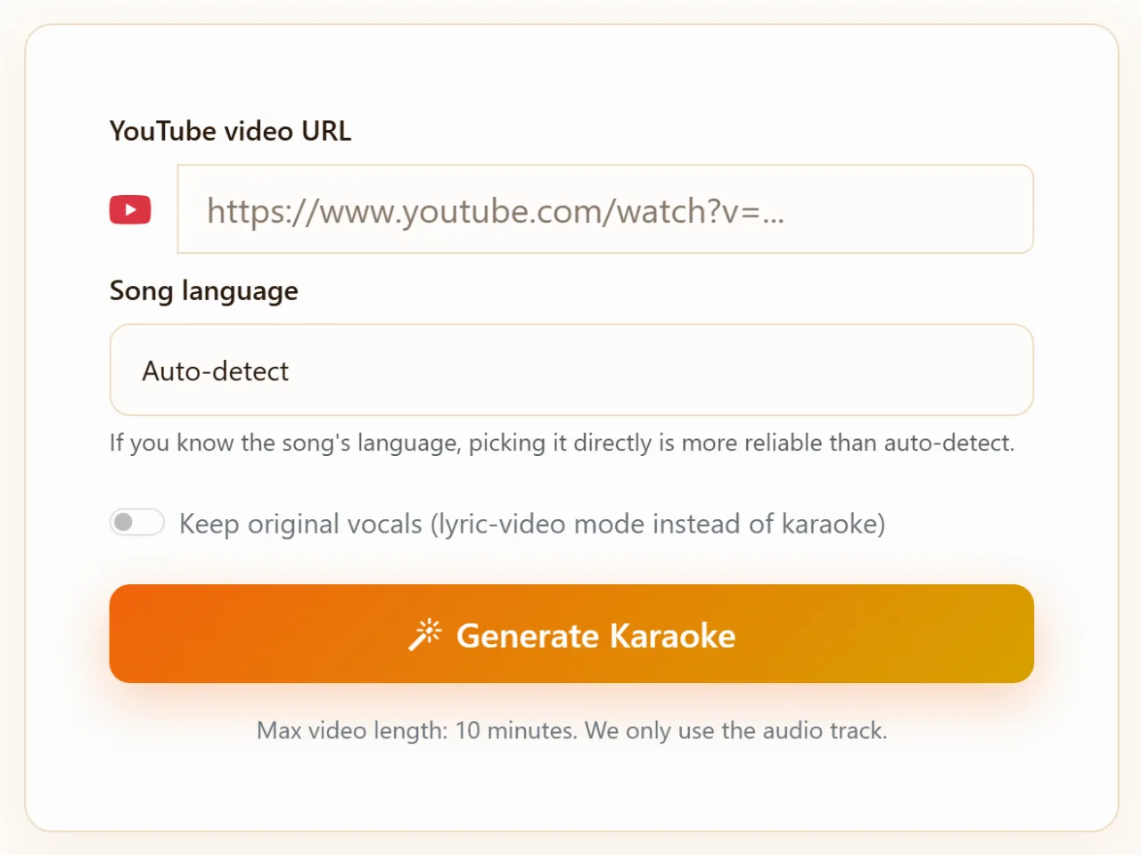 KaraokAI generator form with the YouTube URL field and Generate Karaoke button
